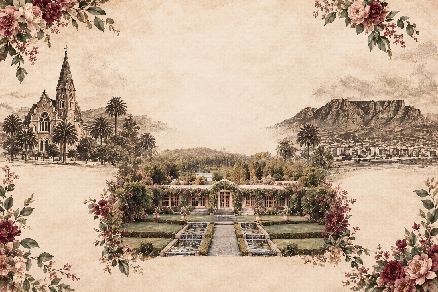 Vintage artwork of Christ Church in Windhoek, Table Mountain in Cape Town, and the gardens at Belair Pavilion